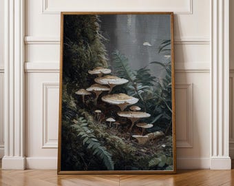 May include: A framed art print featuring a detailed illustration of mushrooms growing on a mossy tree trunk. The artwork showcases a variety of fungi with light-colored caps and intricate textures, surrounded by lush green ferns and foliage. The overall color palette is earthy and natural.