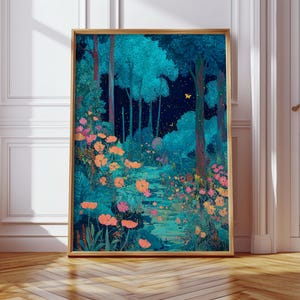 Cottagecore Fantasy Poster, Firefly Forest Wall Art Print, Starry Wildflower Woods, Moonlit Cabin, Mystical Night Sky Decor, PHYSICAL PRINT