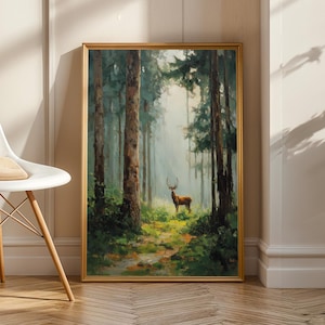 Stag in Forest, Pine Forest Wall Art, Cottagecore Decor, Green & Brown Decor, Living Room Wall Art, Fall Style Gift, Autumn Host Gift image 3