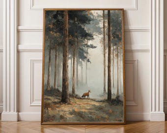 May include: A framed landscape painting of a forest scene with tall trees and a fox. The artwork uses a muted palette of browns, greens, and blues, creating a serene and naturalistic aesthetic. The fox is a focal point, adding a touch of wildlife to the artwork.