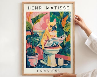 Funny French Bulldog Bathroom Wall Art Print, Matisse Inspired Dog Poster, Guest Bathroom Decor, Gift for Dog Lovers, PHYSICAL POSTER