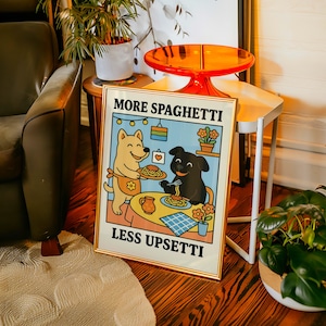 More Spaghetti Less Upsetti Dog Print, Cute Quirky Kitchen Quote Digital Poster, Colorful Italian Cafe Bistro Wall Art Dining Decor