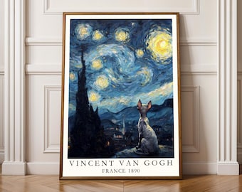 Sphynx cat Starry Night Poster, Van Gogh Print, Living Room Wall Art, Fall Style Gift, Gift for Coworker, 30th Birthday Gifts for Her