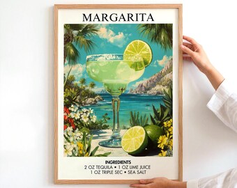 Margarita Cocktail Poster Mid Century Bar Cart Wall Art Retro Kitchen Decor Mexican Coast Home Bar Gift for Him Birthday Print