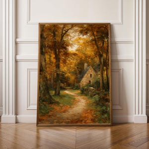 Cottagecore Decor, Stone Cottage Forest, Orange Brown Green Decor, Living Room Bedroom Office Wall Art, Gift for Christmas, Fall Style Gift