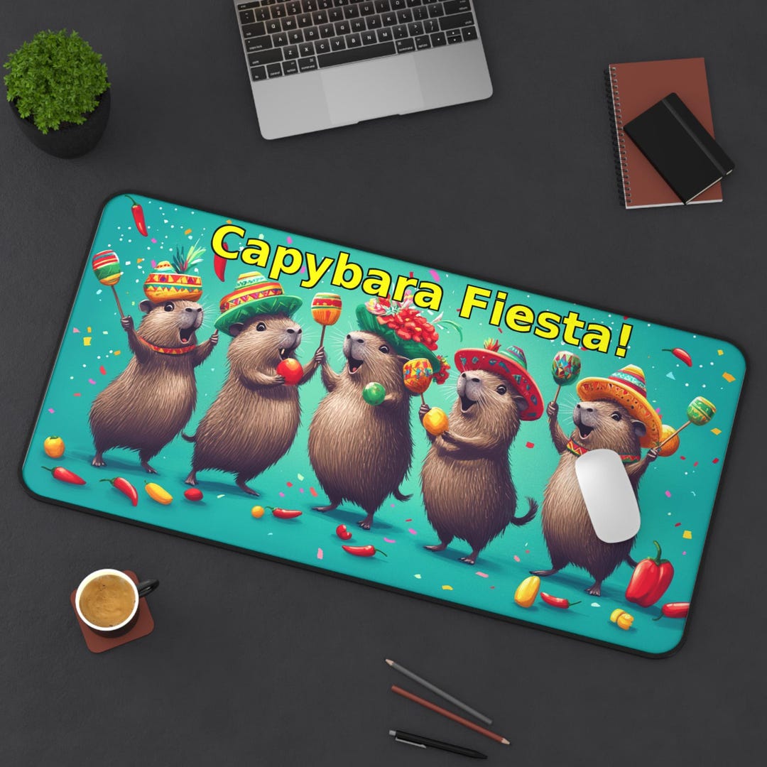 Capybara Fiesta Mouse Pad, Funny Animal Desk Mat, Kawaii Capybara Party ...