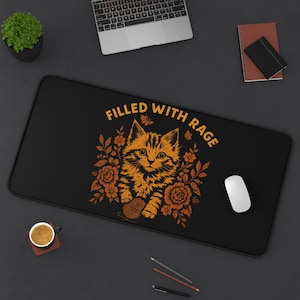 Funny Cat Mouse Pad, Filled With Rage Desk Mat, Cute Kitten Office Decor, Cat Lover Gift, Silly Vintage Cat Meme Gaming Mousepad