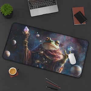 Cosmic Frog Wizard Mouse Pad, Magical Fantasy Desk Mat with Space Planets and Staff, Funny Toad Sorcerer Gift, Custom Gaming Mousepad