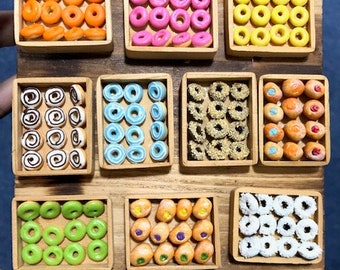 Miniature Bakery / donuts on wooden crate/ box, Dollhouse bread, pastry, donuts, crates, Doll breakfast, wooden box #B