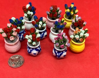 Handmade Miniature Flower on Vase, Mulberry Paper Flowers, Scrap booking, Crafts Doll, Roses, Flower Craft Embellishments, Fairy Garden