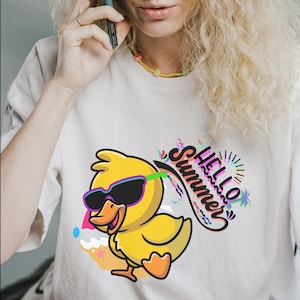 Canard drôle Bonjour Été svg,Canard de dessin animé coloré portant des lunettes avec une ambiance tropicale, animal d'été mignon,png,pdf,jpg