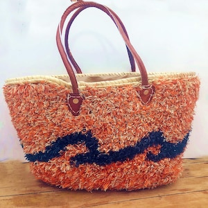 Handgemachter großer oranger Strohkorb mit schwarzem Wellendesign,Vielseitige Boho-Tasche für Frauen,Strandtasche aus Lederstreifen