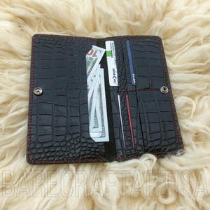 Cartera de piel de cocodrilo negra hecha a mano, monedero largo de piel auténtica para mujer, cartera de mano de lujo con cierre de botón,