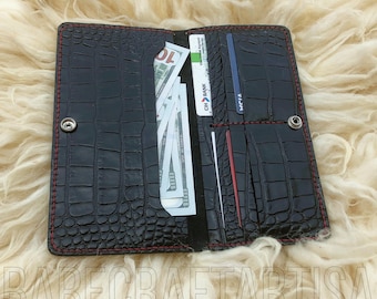 Cartera de piel de cocodrilo negra hecha a mano, monedero largo de piel auténtica para mujer, cartera de mano de lujo con cierre de botón,