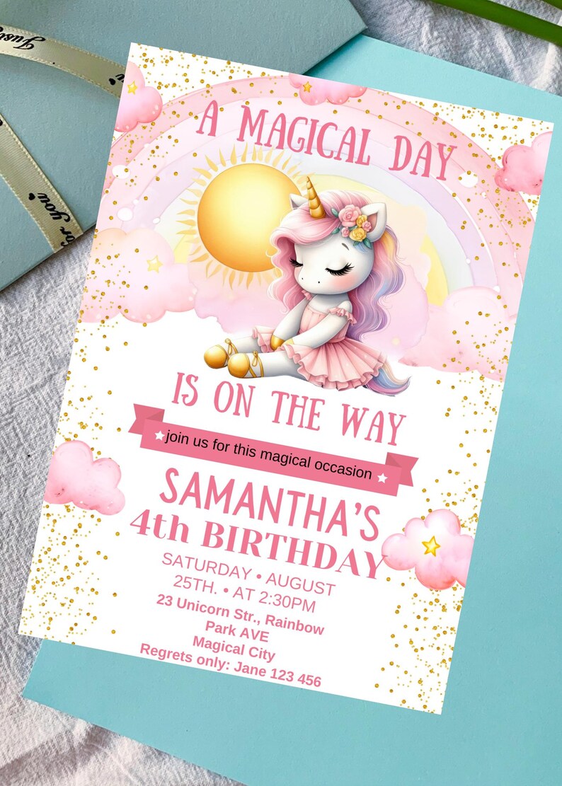 Editable Unicorn Birthday Invitation Pink Unicorn, Pastel Rainbows ...