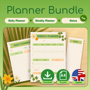Peut inclure: Un lot de planificateurs imprimables avec un motif floral vert. Le lot comprend un planificateur quotidien, un planificateur hebdomadaire et une page de notes. Le texte "Planner Bundle" est en haut de l'image. Le texte "Daily Planner", "Weekly Planner" et "Notes" se trouve sous le titre. Le texte "Free" est en forme d'étoile. Le texte "Download", "To print" et "English" se trouve en bas de l'image.