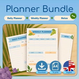 Peut inclure: Un ensemble de planificateurs comprenant un planificateur quotidien, un planificateur hebdomadaire et des pages de notes. Le design comprend des illustrations de fruits et de feuilles. Le texte "Planner Bundle", "Daily Planner", "Weekly Planner", "Notes", "Free", "Download", "To print", et "English" est également présent.