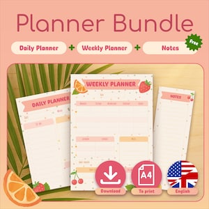 Peut inclure: Un ensemble de planificateurs comprenant un planificateur quotidien, un planificateur hebdomadaire et des pages de notes. Le design présente un fond rose clair avec des illustrations de fruits et le texte "Planner Bundle".