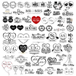 Puede incluir: Una colección de gráficos en blanco y negro con temática de boda, que incluyen coronas, corazones y texto como "Mr & Mrs", "Just Married" y nombres. Adecuado para varios productos relacionados con bodas.