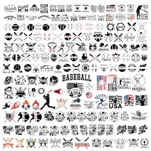May include: A collection of baseball-themed graphics in black and white. Designs include baseballs, bats, text, and silhouettes of players. The text includes phrases like "Baseball Mom" and "Best Dad Ever."