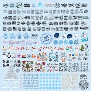 May include: A collection of winter-themed graphics and text elements, including snowflakes, snowmen, and phrases like "Hello Winter" and "Let it Snow." The designs feature various colors and styles, suitable for seasonal crafts.