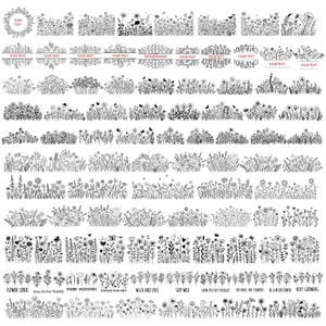 Könnte beinhalten: Eine Sammlung von schwarz-weißen Blumenillustrationen, darunter verschiedene Blumen- und Pflanzendesigns. Einige Designs enthalten Texte wie "YOUR TEXT", "Wildflower" und inspirierende Sätze wie "Flower Lover" und "Wild and Free".