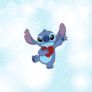 May include: A cartoon illustration of Stitch, a blue alien character, holding a red heart. Stitch is depicted with large eyes, large ears, and a friendly expression. The background is a light blue with white bokeh.