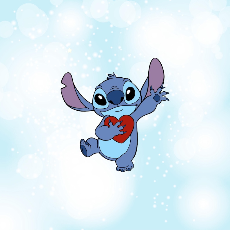 May include: A cartoon illustration of Stitch, a blue alien character, holding a red heart. Stitch is depicted with large eyes, large ears, and a friendly expression. The background is a light blue with white bokeh.
