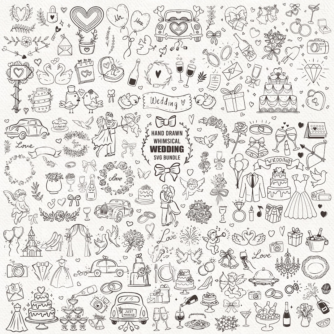 Whimsical Wedding SVG PNG Bundle, Hand Drawn Illustrations (digital ...