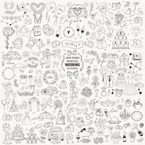 Puede incluir: Un conjunto SVG de boda dibujado a mano en blanco y negro con varios elementos, incluyendo pasteles, coches, champán y la palabra "Wedding". La imagen incluye el texto "Hand Drawn Whimsical Wedding SVG Bundle".