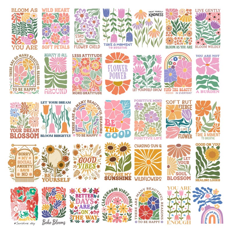Puede incluir: Una colecci&oacute;n de coloridas impresiones art&iacute;sticas florales con citas inspiradoras. Los dise&ntilde;os presentan varias flores en tonos de rosa, naranja, amarillo y azul, con frases como "Bloom Wildly" y "Be the Good". El tema general es bohemio y edificante.