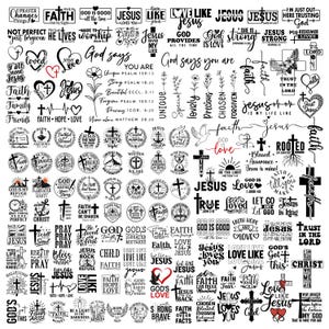Puede incluir: Una colección de gráficos cristianos en blanco y negro con varios diseños de texto, incluyendo cruces, corazones y frases como «Jesús», «Fe» y «Amor». Los diseños son adecuados para pegatinas o manualidades.