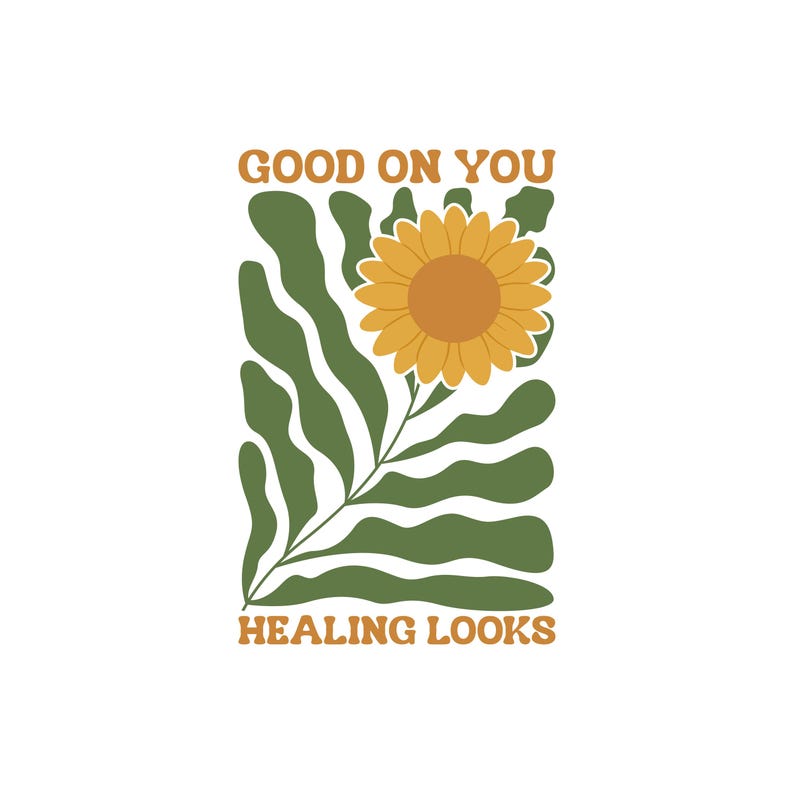 Puede incluir: Dise&ntilde;o gr&aacute;fico con un girasol con centro marr&oacute;n y p&eacute;talos amarillos, sobre formas de hojas verdes. El texto "GOOD ON YOU" y "HEALING LOOKS" es marr&oacute;n, creando una est&eacute;tica retro sobre un fondo blanco.