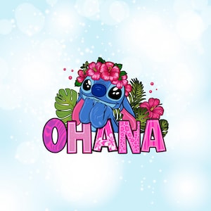 May include: A blue cartoon character with large eyes and pink ears, wearing a flower crown, surrounded by tropical leaves and flowers. The word "OHANA" is displayed in pink and white letters.