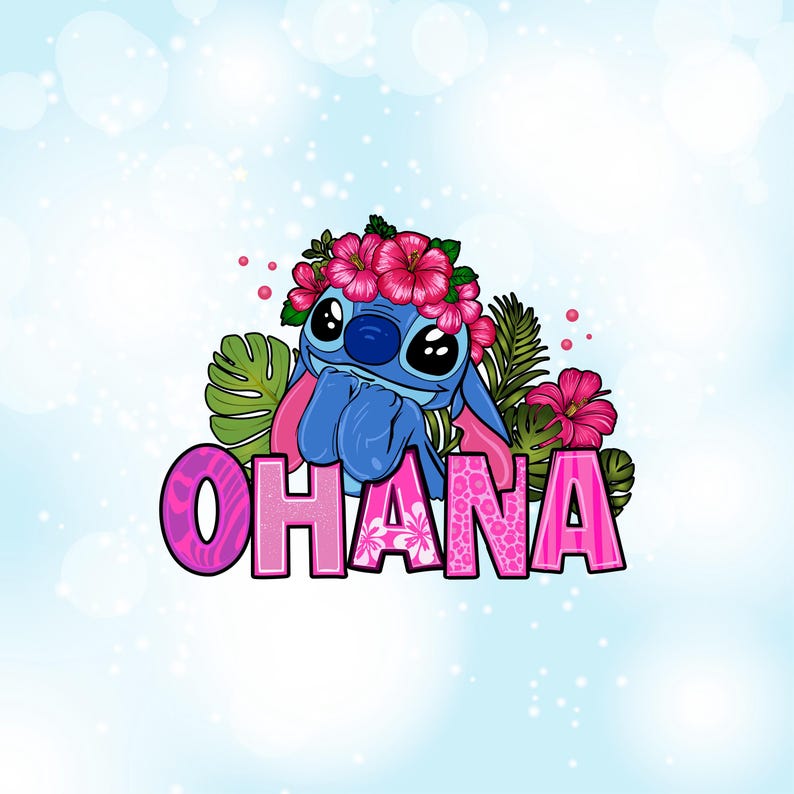 May include: A blue cartoon character with large eyes and pink ears, wearing a flower crown, surrounded by tropical leaves and flowers. The word "OHANA" is displayed in pink and white letters.
