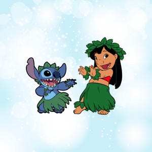 May include: Illustration of Stitch and Lilo from the Disney movie Lilo & Stitch. Stitch, a blue alien, and Lilo, a young girl, are depicted in a playful pose, wearing green leaf skirts and leis. The background is a light blue with white sparkles.