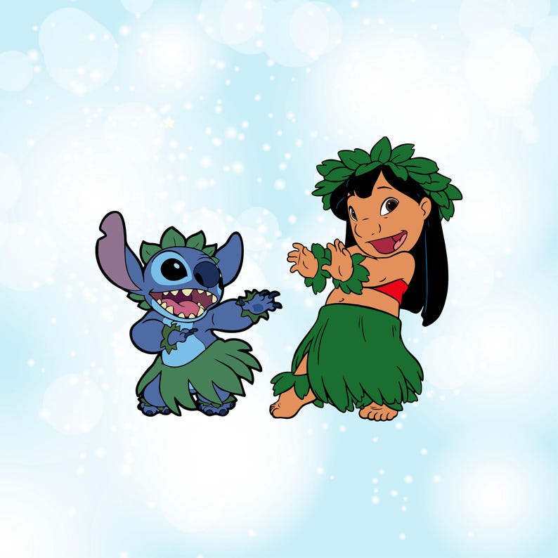 May include: Illustration of Stitch and Lilo from the Disney movie Lilo & Stitch. Stitch, a blue alien, and Lilo, a young girl, are depicted in a playful pose, wearing green leaf skirts and leis. The background is a light blue with white sparkles.