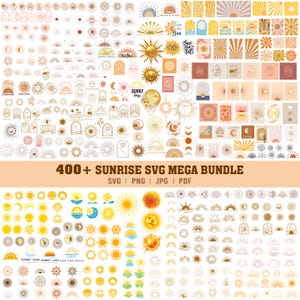 Paquete de imágenes SVG y PNG de sol, imágenes prediseñadas de amanecer y atardecer, diseños de verano (descarga digital)