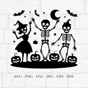 May include: A black and white Halloween graphic with a witch, two skeletons, pumpkins, bats, stars, and a crescent moon. The witch wears a pointed hat and dress. The skeletons hold a moon. The image includes the text: SVG - PNG - DXF - JPG - EPS - PDF.