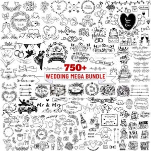 May include: A selection of black and white wedding illustrations, featuring hearts, rings, birds, banners, and the text "750+ WEDDING MEGA BUNDLE". These designs are ideal for a range of wedding-related applications.
