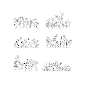 May include: Black and white line art illustrations of various floral arrangements. Each design features different types of flowers and foliage, perfect for crafting or design projects. The images are simple and elegant.