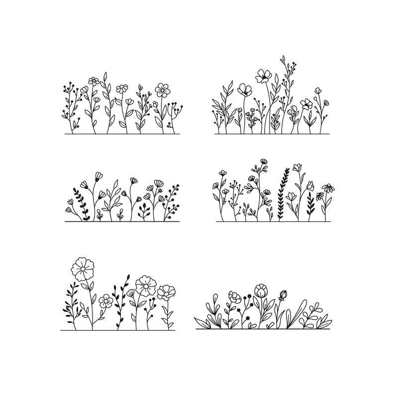 May include: Black and white line art illustrations of various floral arrangements. Each design features different types of flowers and foliage, perfect for crafting or design projects. The images are simple and elegant.