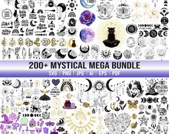 May include: A collection of mystical and witchy-themed graphics, including moons, stars, cats, and floral designs. The image features a variety of illustrations in black and white, with some gold accents. Text includes "200+ MYSTICAL MEGA BUNDLE" and various phrases.