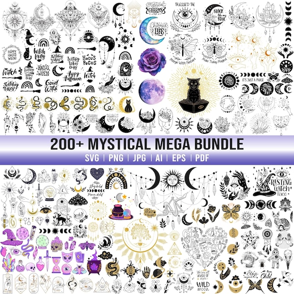 Mystical SVG Bundle, Witchy Clipart, Moon, Crystal, Cat (Digital Files)