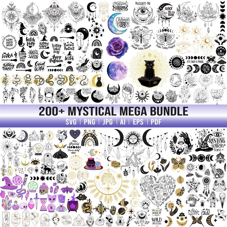 Mystieke SVG-bundel, Witchy-clipart, maan, kristal, kat (digitale bestanden) afbeelding 1