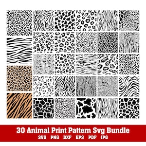 May include: A grid of 30 animal print patterns in black, white, and brown. The patterns include leopard spots, zebra stripes, and other animal skin textures. The image includes the text "30 Animal Print Pattern SVG Bundle".