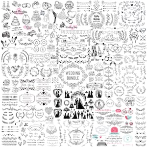 Op de afbeelding: Een verzameling zwart-wit illustraties met een bruiloftthema, waaronder silhouetten van stellen, bloemenkransen, banners en tekstelementen zoals "Save the Date" en "Wedding Bundle". Perfect voor knutsel- en designprojecten.