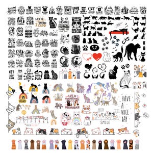 Può includere: Una collezione di adesivi e illustrazioni a tema gatto. I disegni includono sagome di gatti, impronte di zampe, frasi di testo come "Crazy Cat Lady" e vari disegni di gatti con arcobaleni e fiori. La tavolozza dei colori comprende nero, bianco e vari colori.