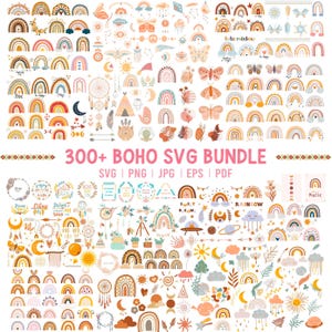 Puede incluir: Una colección digital de más de 300 gráficos SVG de temática boho. Los diseños incluyen arcoíris, mariposas, lunas, atrapasueños y elementos florales en una paleta de colores cálidos. El texto en la imagen dice "300+ BOHO SVG BUNDLE".