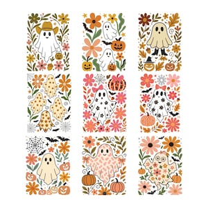 Pode incluir: Uma coleção de nove ilustrações retangulares com fantasmas, abóboras, flores e morcegos numa paleta de cores quentes de laranja, rosa, castanho e creme. Os desenhos incluem fantasmas com chapéus, laços e padrões florais, rodeados por folhagem de outono e teias de aranha.